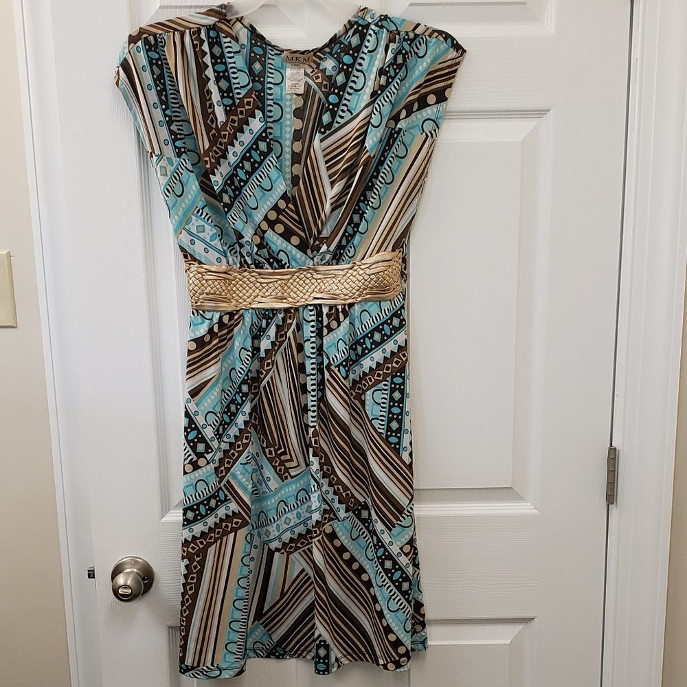 MKM Designs, sleeveless teal, tan belted, tie back dress or tunic blouse, L